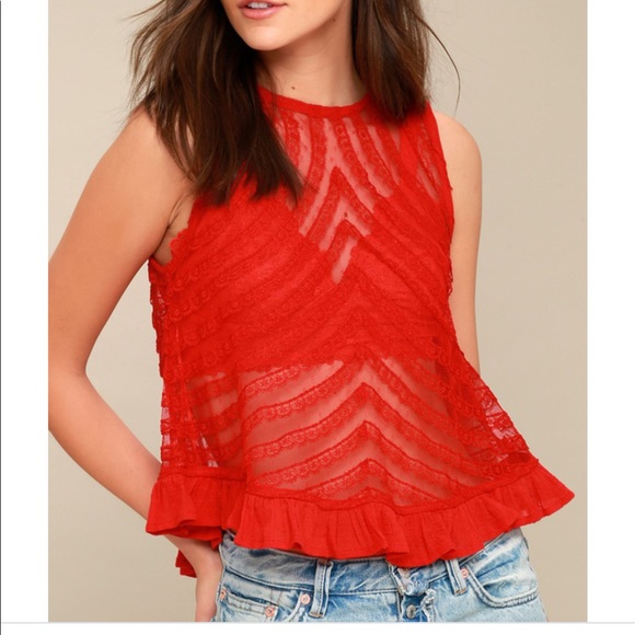 Free People She's a Doll Sheer Red Lace Crop Top. - Picture 1 of 9